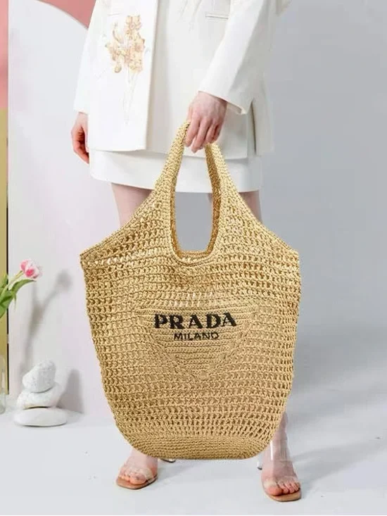 Prada Logo Cream/Black Woven Raffia Beach Bag - Picture 2 of 15
